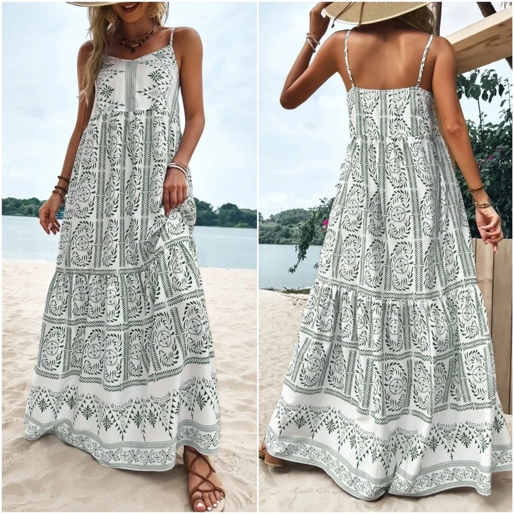 Boho Tropical Plants Print Cami Maxi Dress - Picture 6 of 6